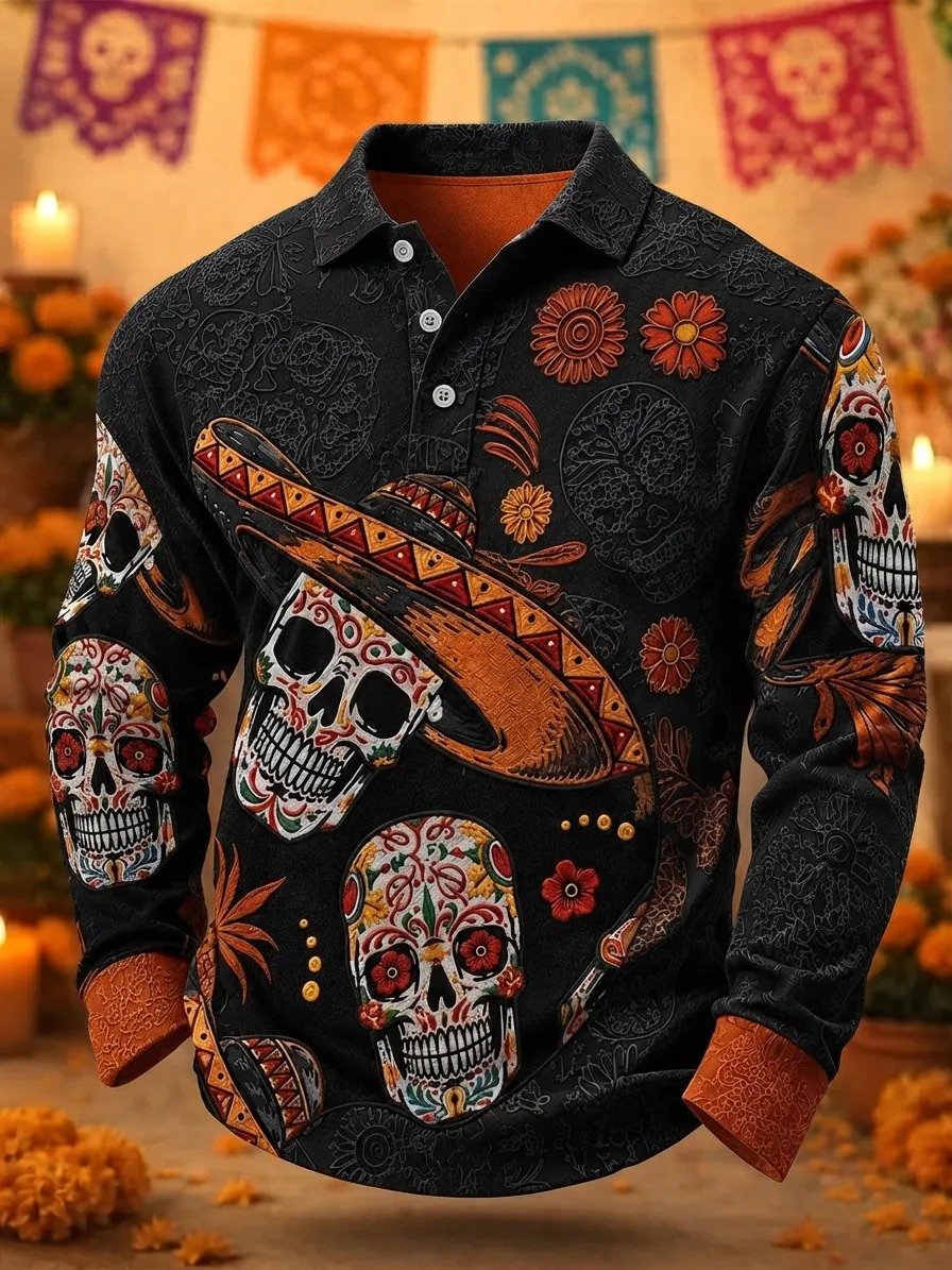 Day Of The Dead Skulls And Bright Daisies Long Sleeve Polo Shirt Mexican Heritage Wear