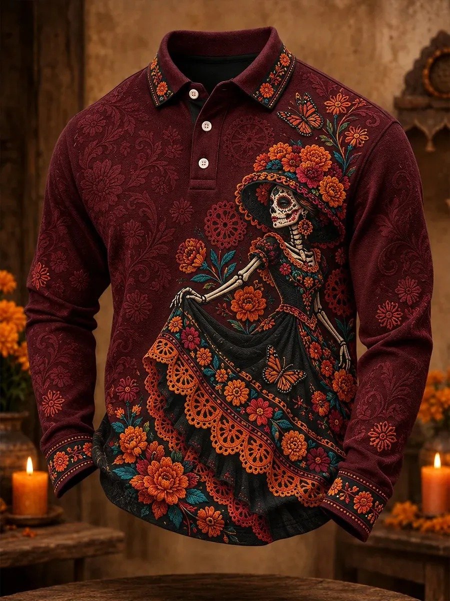 Day Of The Dead Skeleton Lady Dancing Long Sleeve Polo Shirt Mexican Heritage Gear