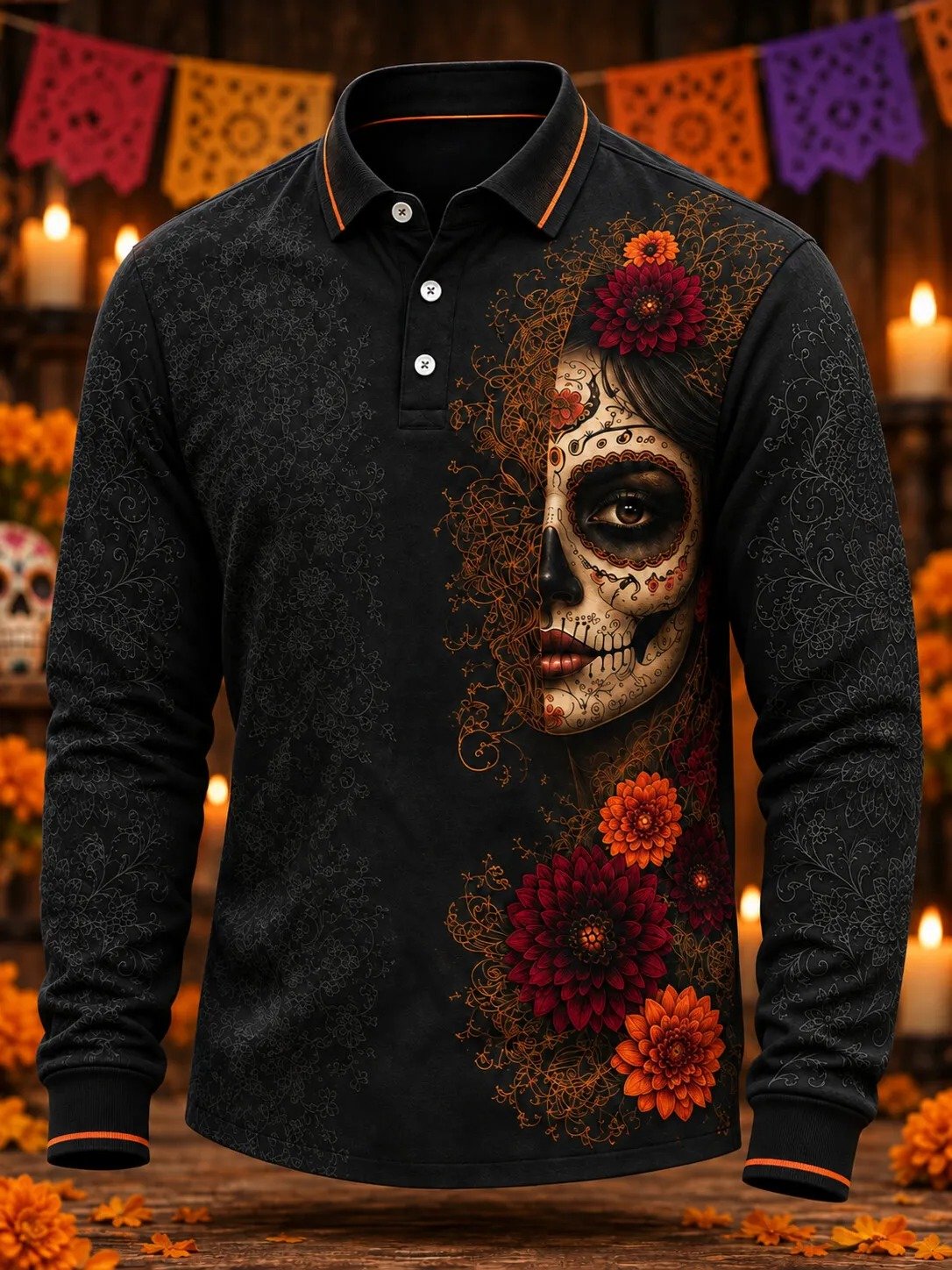 Day Of The Dead Mysterious Half Skull Face Floral Long Sleeve Polo Shirt Sugar Skull Gear
