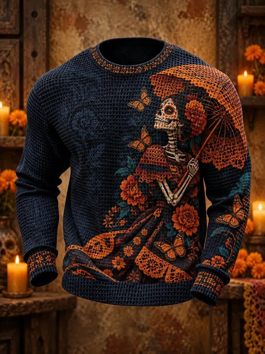 Day Of The Dead Skeleton Lady Holding Lace Parasol Long Sleeve Shirt Mexican Heritage Wear