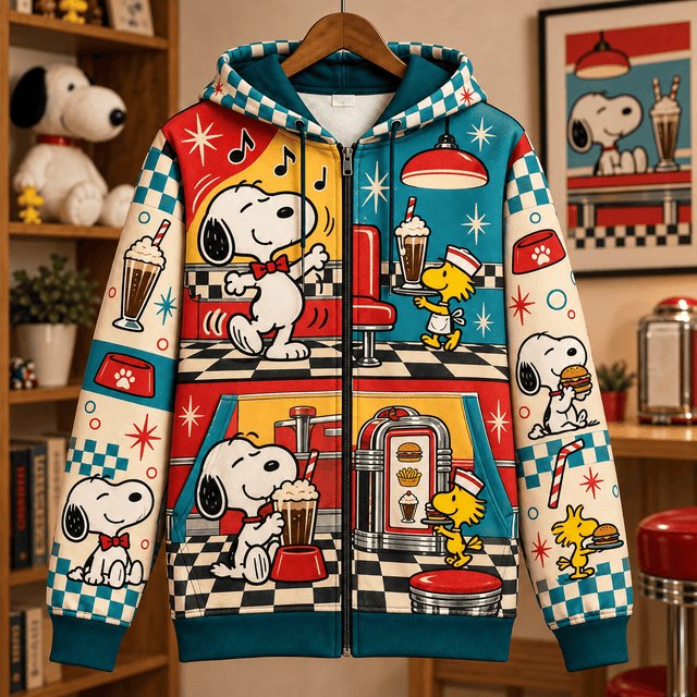 Snoopy Woodstock Retro Diner Nights Zip Up Hoodie Holiday Xmas Snoopy Attire Him Gift