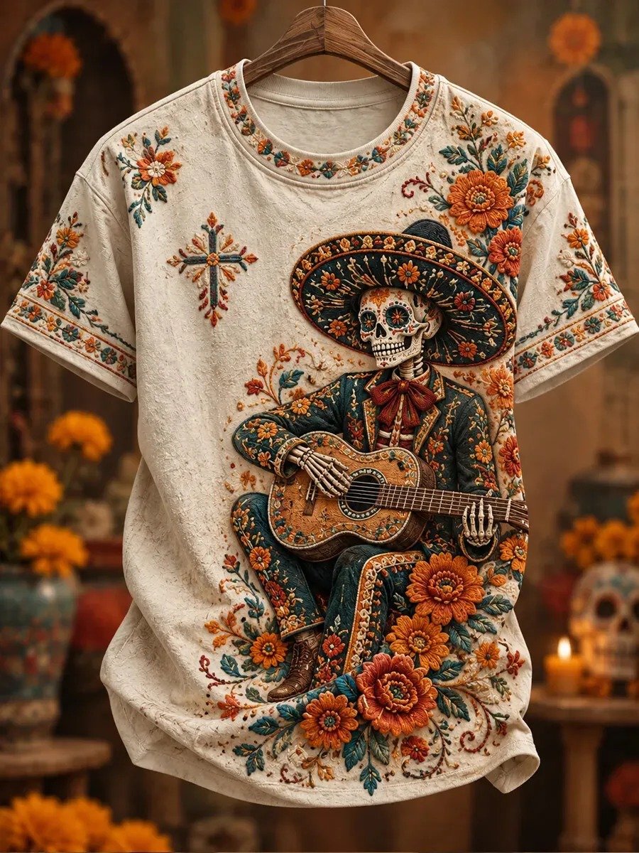 Day Of The Dead Skeleton Playing Guitar Among Marigolds T-Shirt Colorful Skull Tee