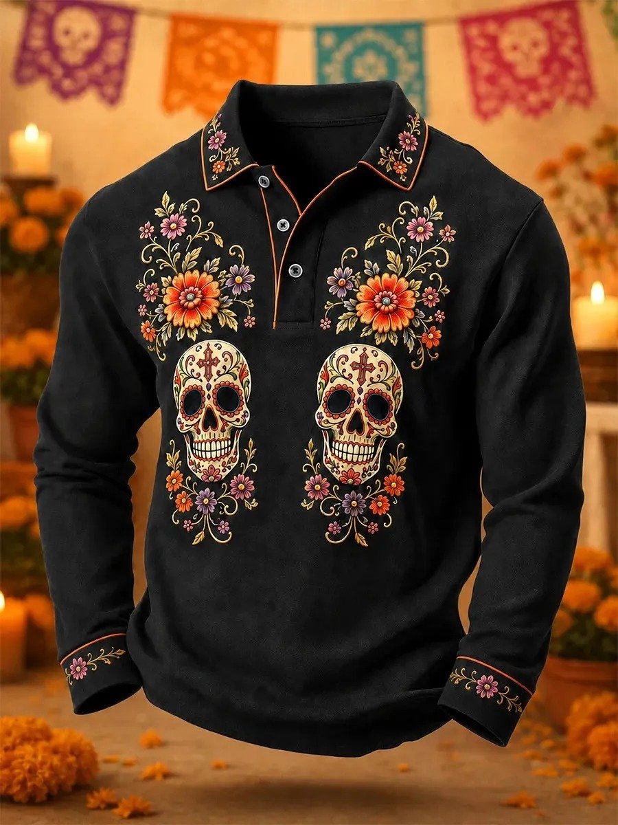 Day Of The Dead Twin Sugar Skulls Long Sleeve Polo Shirt Sugar Skull Floral Attire