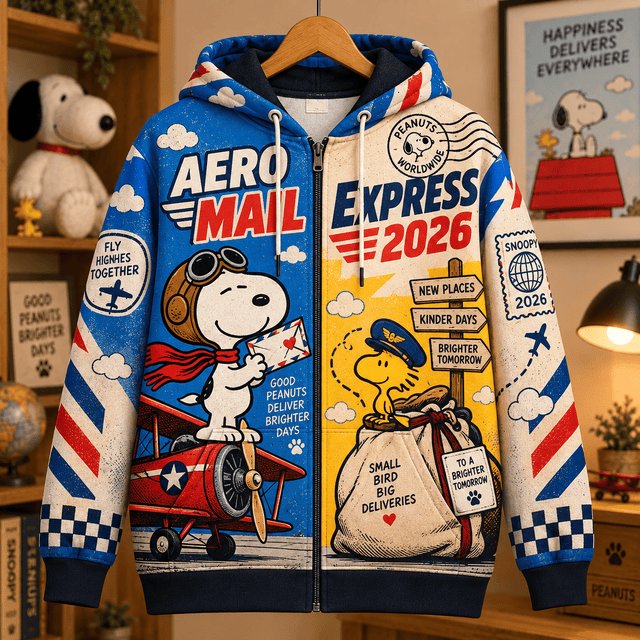 Snoopy Woodstock Aero Mail Express 2026 Zip Up Hoodie Holiday Xmas Snoopy Outfits