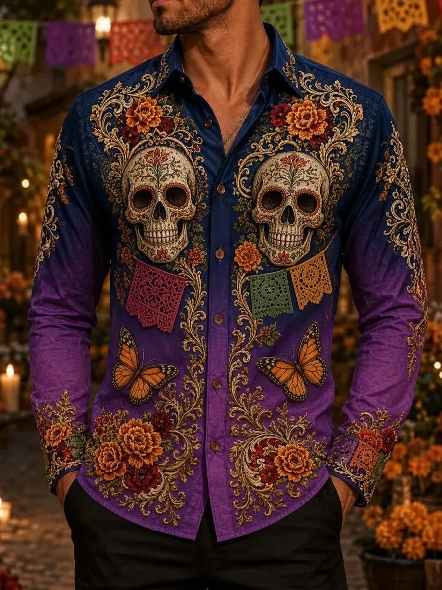 Day Of The Dead Butterfly Vintage Floral Button Up Long Sleeve Shirt Mexican Holiday Gear