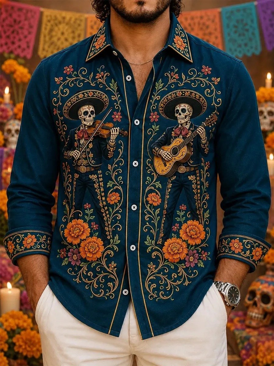Day Of The Dead Skeleton Musicians Button Up Long Sleeve Shirt Dia De Muertos Shirt