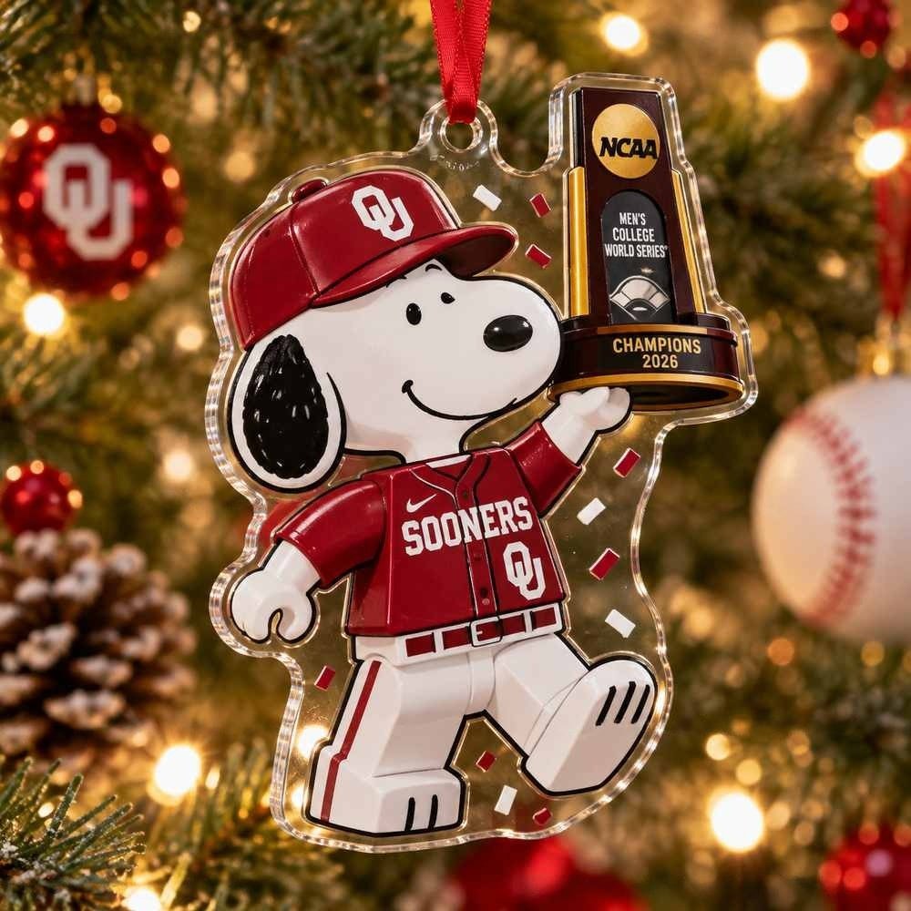 Oklahoma Sooners College World Series Champions Snoopy Baseball Trophy Christmas Ornament Gifts For Fans