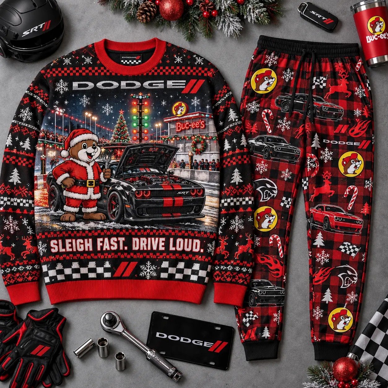 Buc-ees x Dodge Merch Buc-ees Sleigh Fast Drive Loud Sweatshirt And Sweatpants Xmas Gift