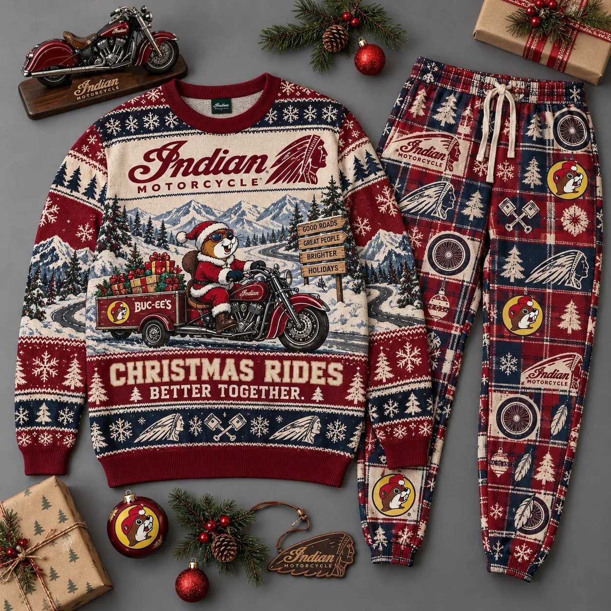 Buc-ees x Indian Motorcycle Merch Buc-ees Christmas Rides Sweatshirt And Sweatpants Him Gift