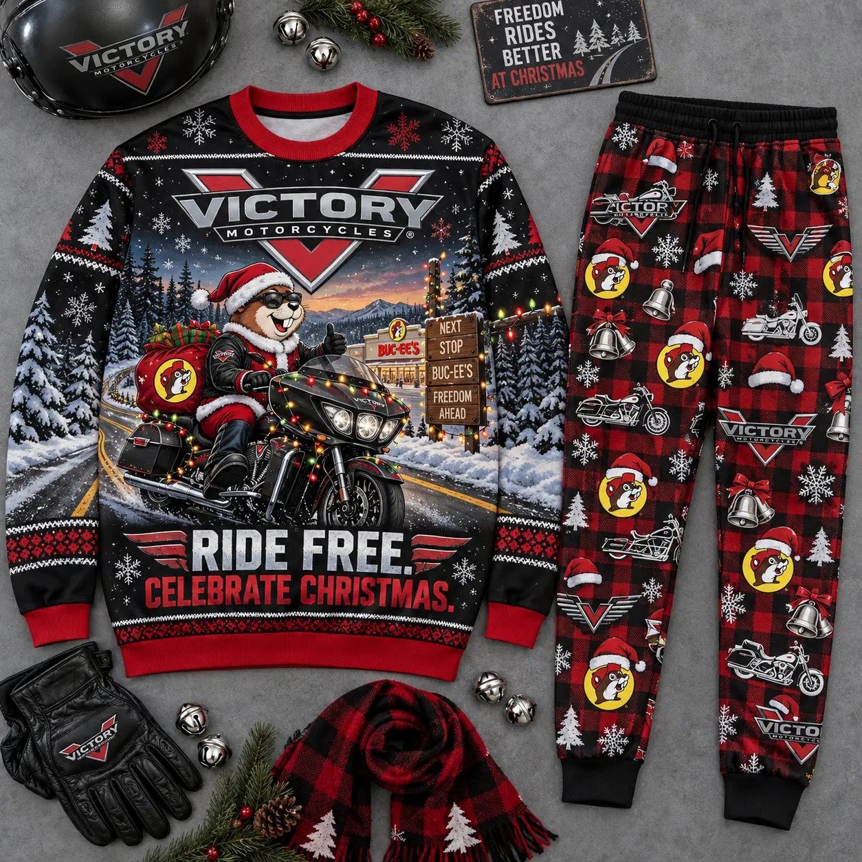 Buc-ees x Victory Merch Buc-ees Ride Free Celebrate Christmas Sweatshirt And Sweatpants Men Gift