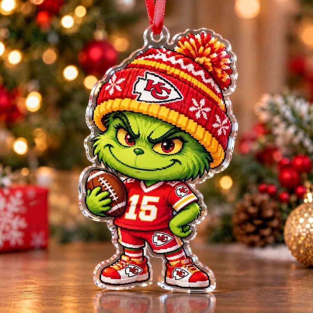 Kansas City Chiefs Grinch Chibi Pixel Christmas Acrylic Ornament Mischievous Holiday Tree Decor Gift