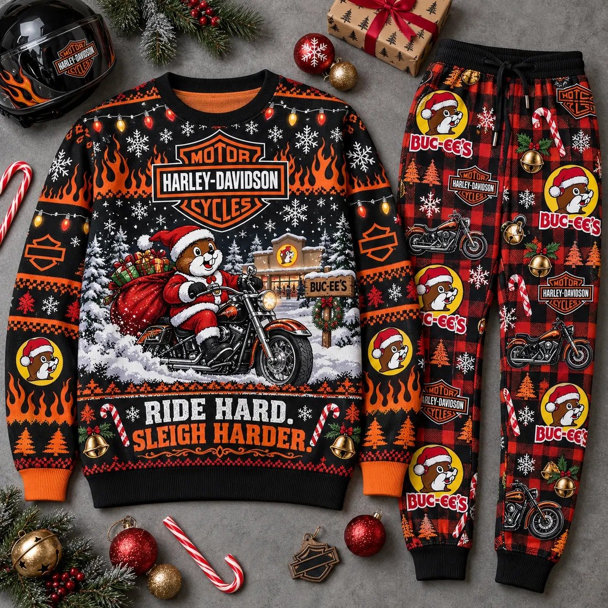 Buc-ees x Harley Davidson Merch Buc-ees Ride Hard Sleigh Harde Sweatshirt And Sweatpants Him Gift