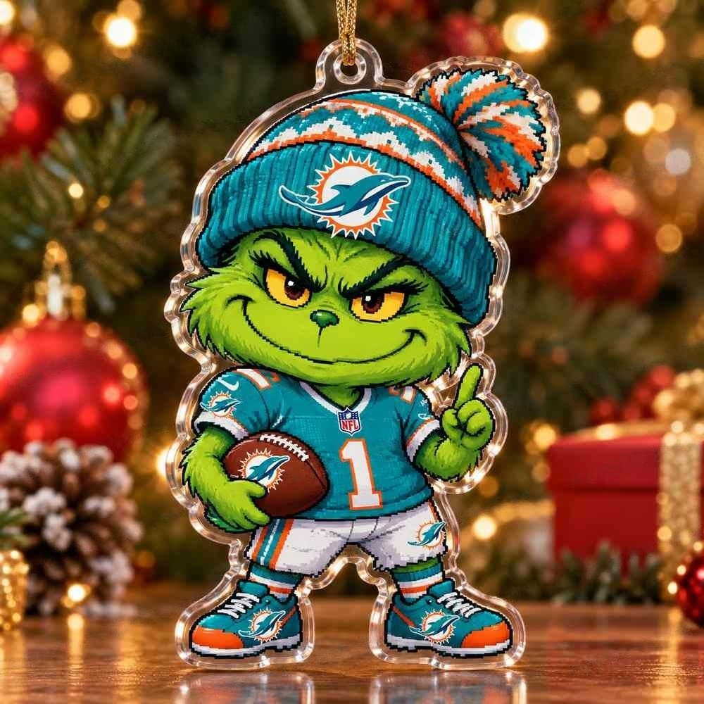 Miami Dolphins Grinch Chibi Pixel Christmas Acrylic Ornament Tropical Holiday Tree Accent Gifts