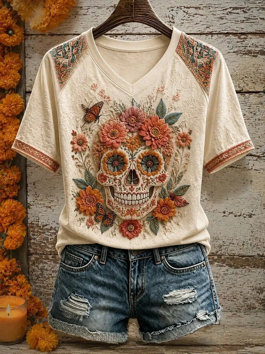 Day Of The Dead Floral Monarch Butterfly Green Leaves V-Neck Shirt Sugar Skull Tee