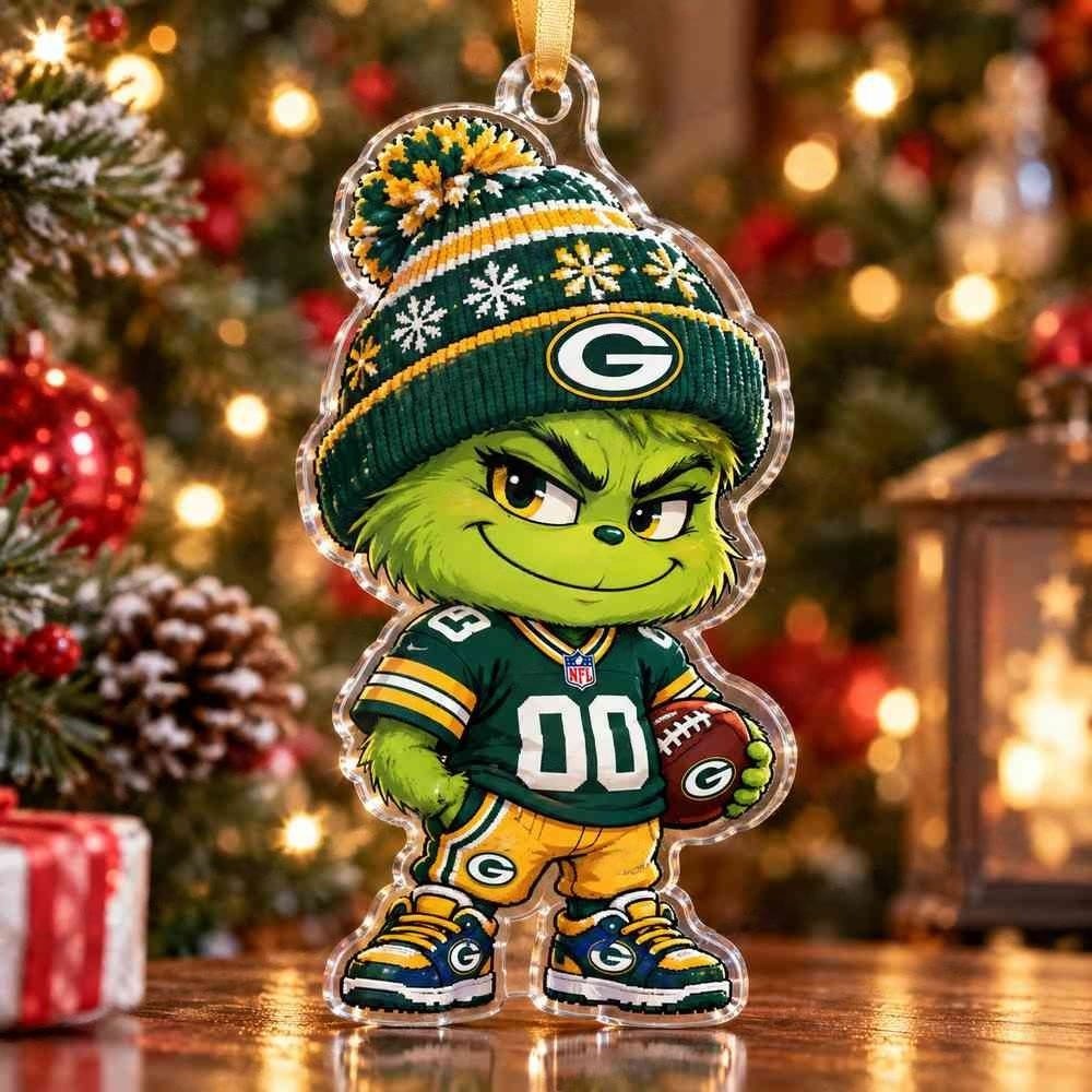 Green Bay Packers Grinch Chibi Pixel Christmas Acrylic Ornament Holiday Seasonal Tree Decor Gifts