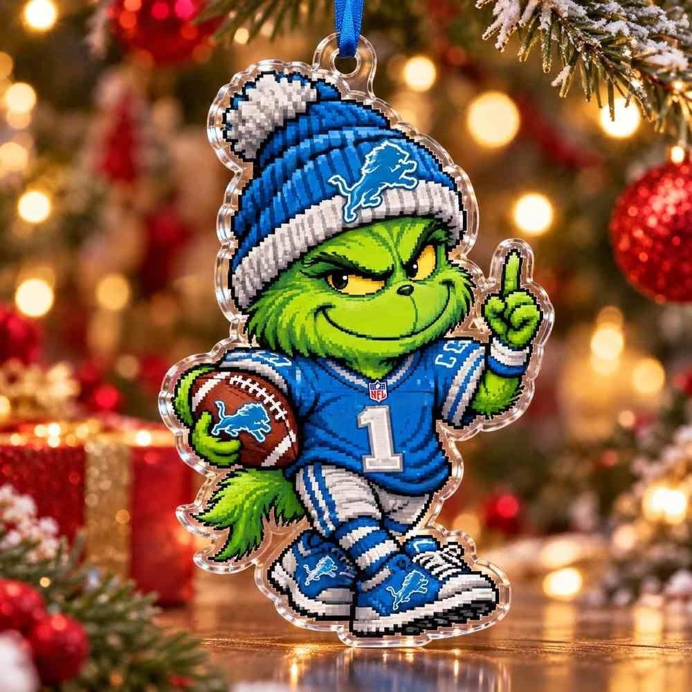 Detroit Lions Grinch Chibi Pixel Christmas Acrylic Ornament Playful Holiday Winter Wonderland Decor Gift
