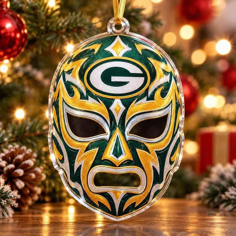 Green Bay Packers Luchador Mask Xmas Acrylic Ornament Mexican Holiday Decor Festive Tree Accent Gift