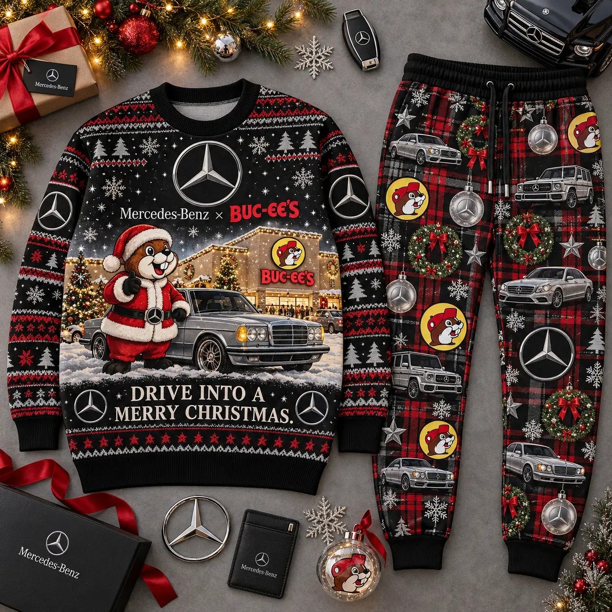 Buc-ees x Mercedes-Benz Merch Drive Into A Merry Christmas Sweatshirt And Sweatpants Holiday Gift