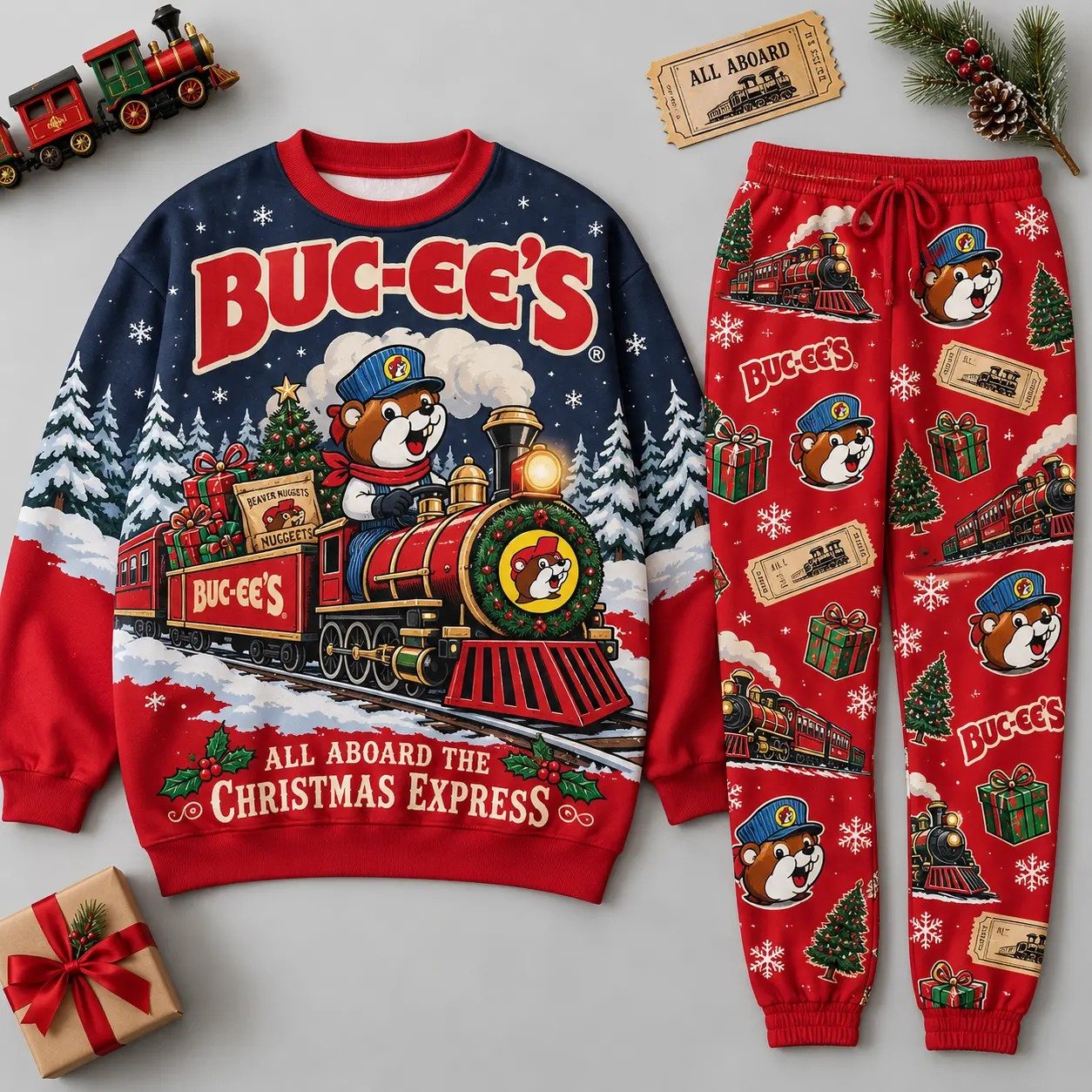 Buc-ees Merch Buc-ees All Aboard The Christmas Express Sweatshirt And Sweatpants Her Gift