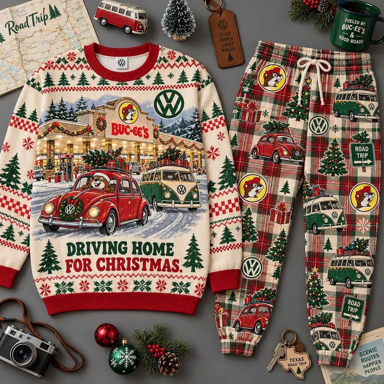 Buc-ees x Volkswagen Merch Buc-ees Driving Home For Christmas Sweatshirt And Sweatpants Gift Idea