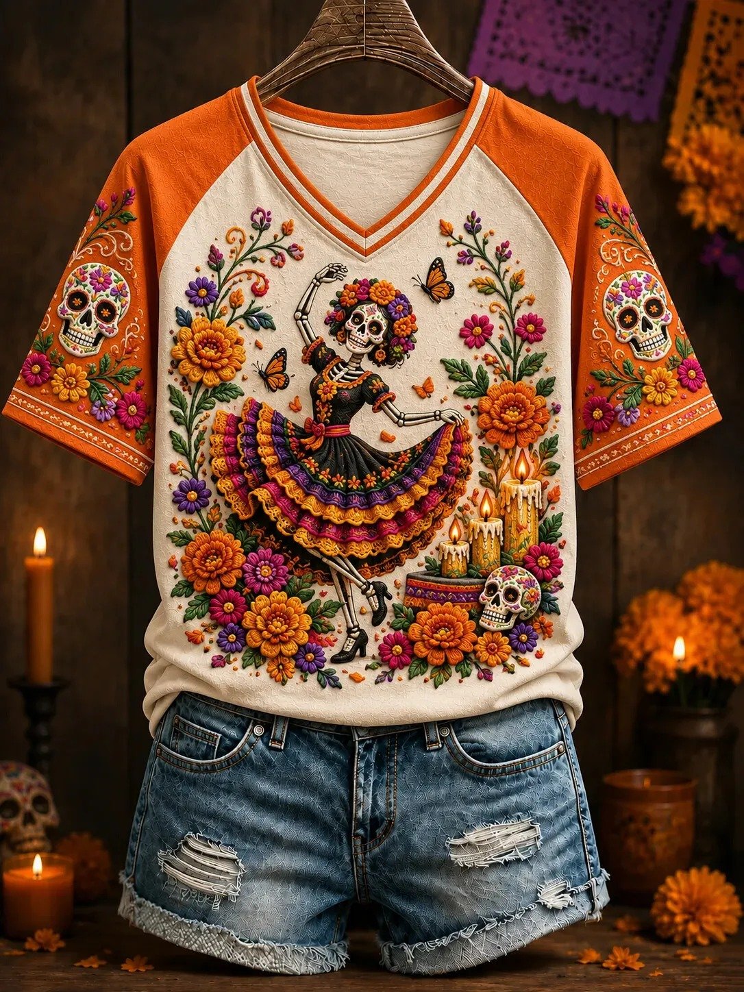 Day Of The Dead Dancing Skeleton Lady V-Neck Shirt Mexican Folk Art Design Clothes