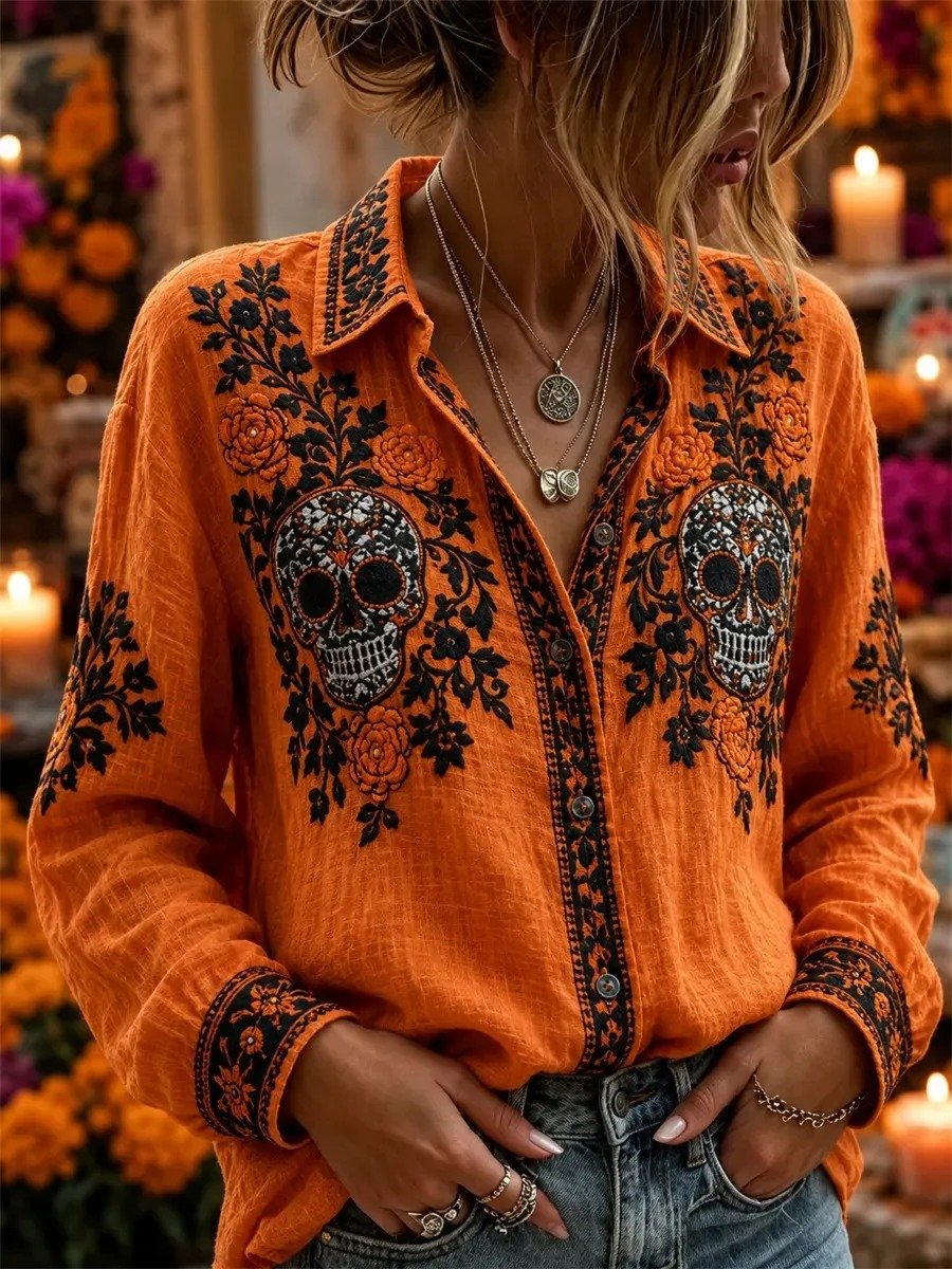 Day Of The Dead Sugar Skull Rose Button Up Long Sleeve Shirt Mexican Holiday Outfits