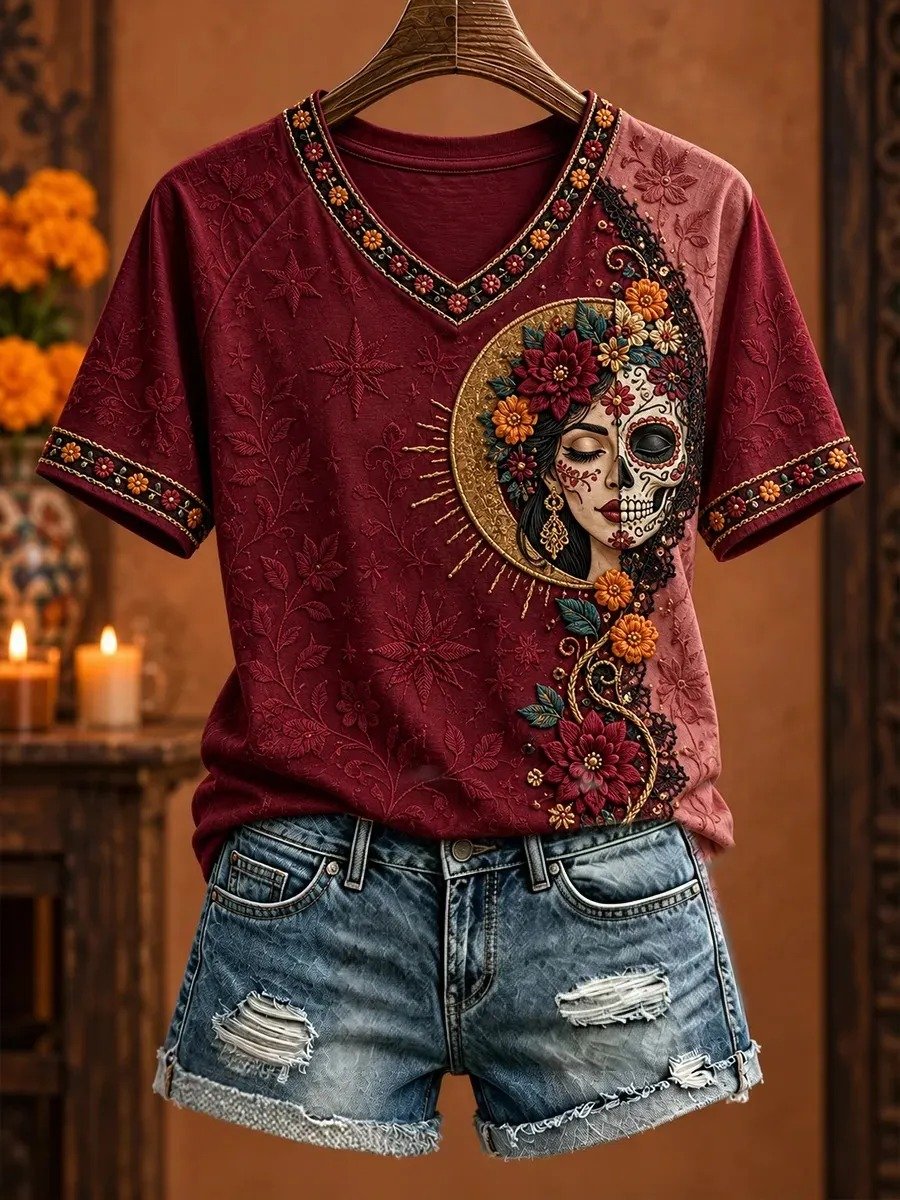 Day Of The Dead Half Face Sugar Skull Lady V-Neck Shirt Mexican Heritage Apparel