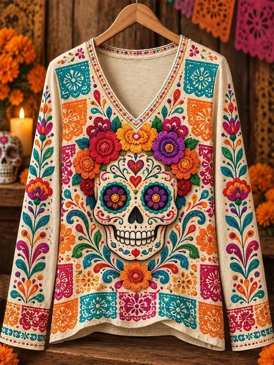 Day Of The Dead Heart Accent Sugar Skull V-Neck Long Sleeve Shirt Colorful Skull Gear