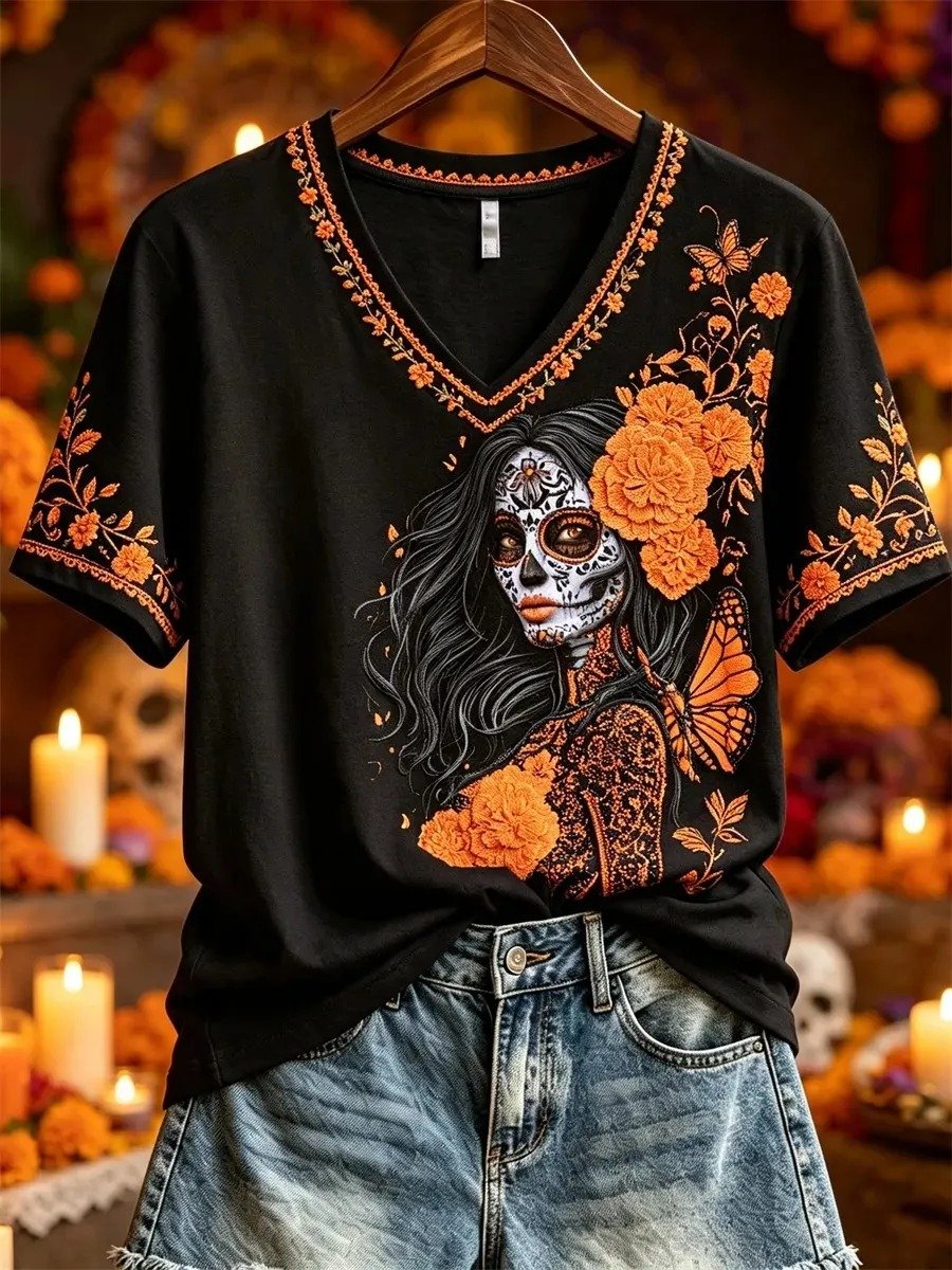 Day Of The Dead Floral Sugar Skull Portrait V-Neck Shirt Dia De Los Muertos Apparel