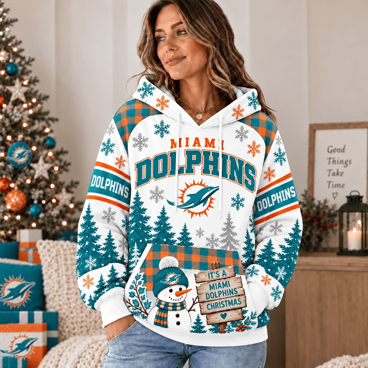 Miami Dolphins Christmas Snowy Forest Hoodie Dolphins Pride Gear Gift For Teammate