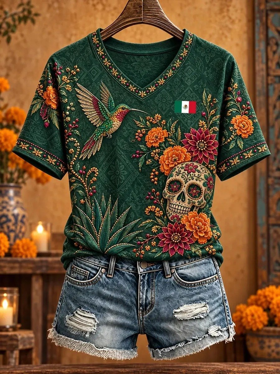 Day Of The Dead Hummingbird Sugar Skull Marigold Floral V-Neck Shirt Mexican Folk Tee