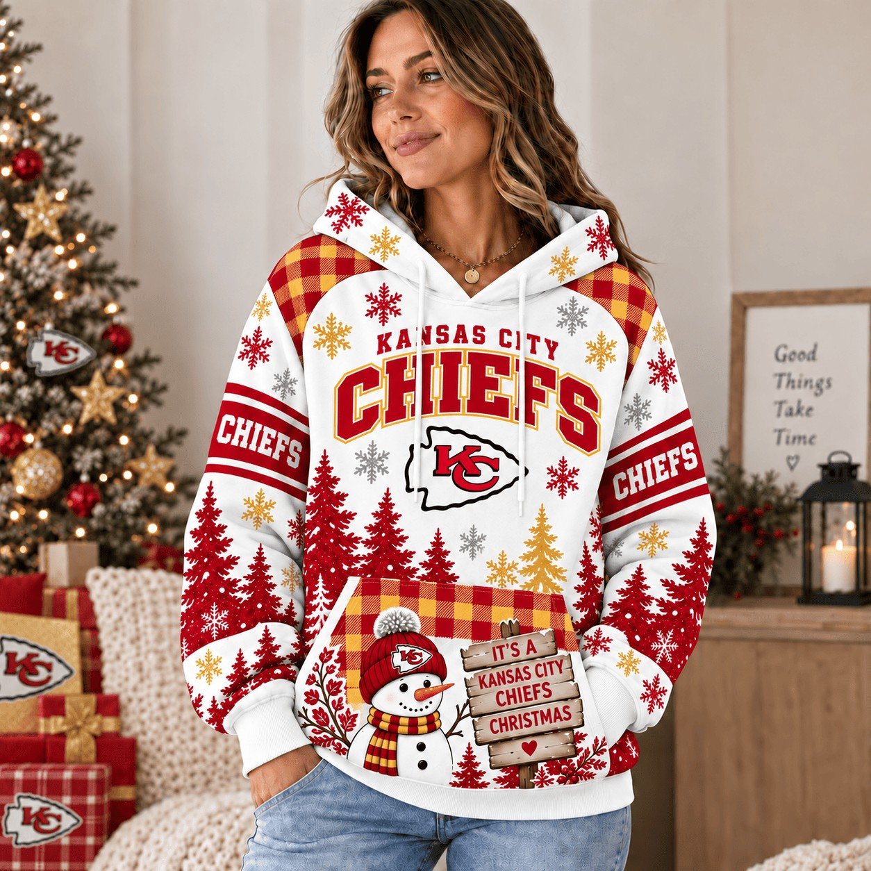 Kansas City Chiefs Christmas Snowy Forest Hoodie Chiefs Football Xmas Clothing Gifts