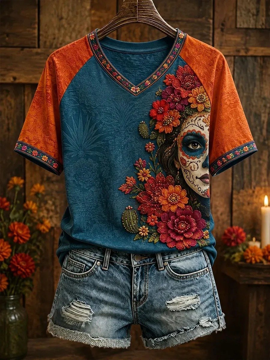 Day Of The Dead Floral Sugar Skull Girl V-Neck Shirt Day Of The Dead Holiday Apparel