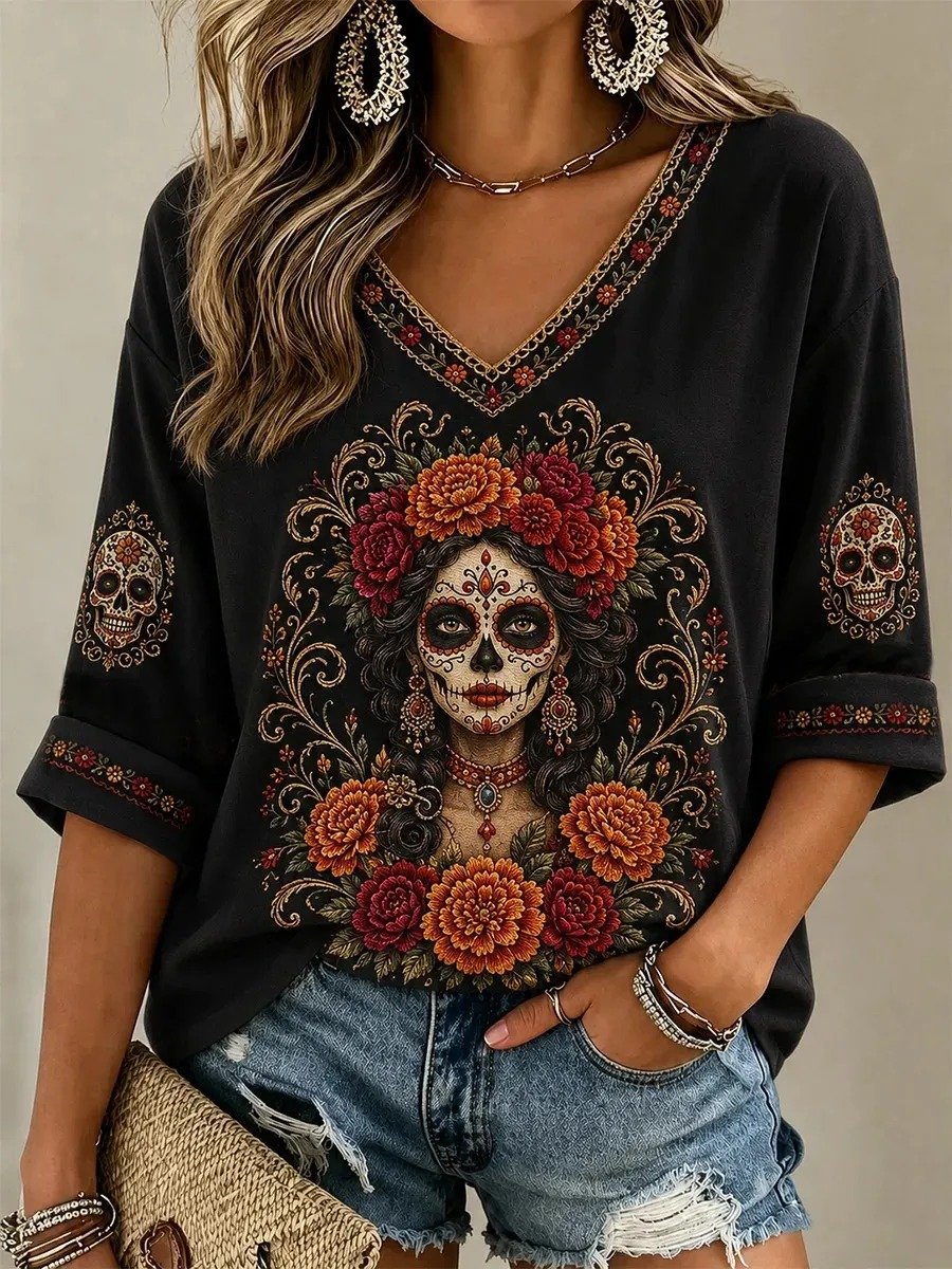 Day Of The Dead Skull Lady Marigold V-Neck Long Sleeve Shirt Mexican Holiday Outfits