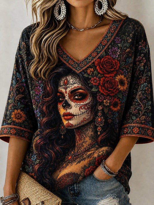 Day Of The Dead Plant Flower V-Neck Raglan Shirt Dia De Los Muertos Clothes Mom Gift