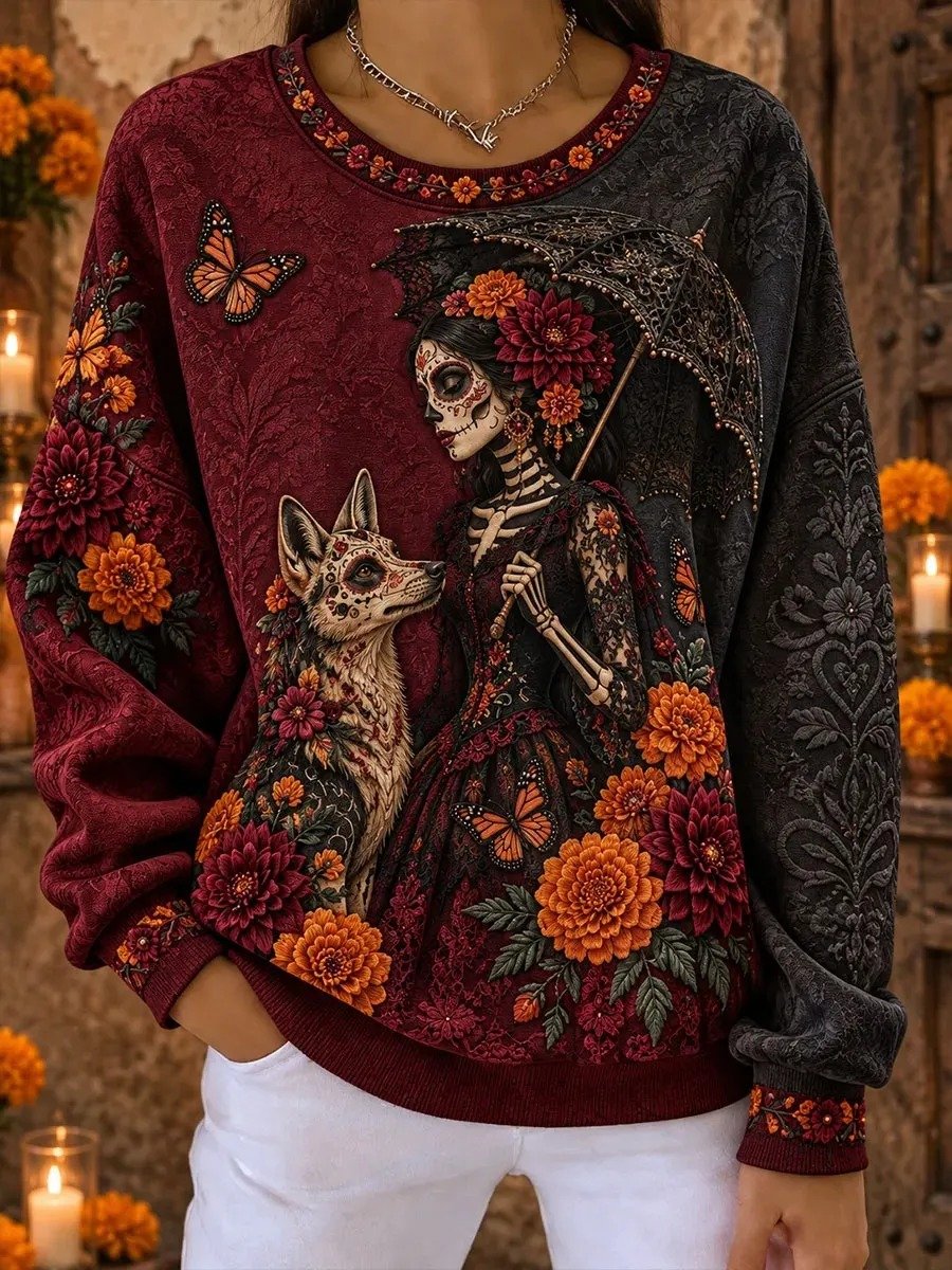 Day Of The Dead La Catrina Dog Butterfly Marigold Floral Sweatshirt Colorful Skull Wear