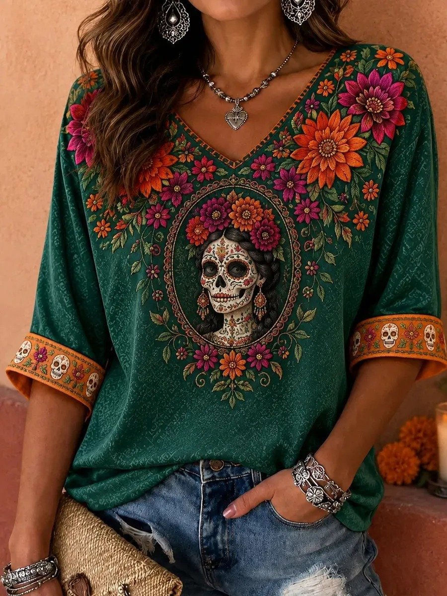 Day Of The Dead V-Neck Raglan Shirt Dia De Muertos Shirt Gifts For Girlfriend