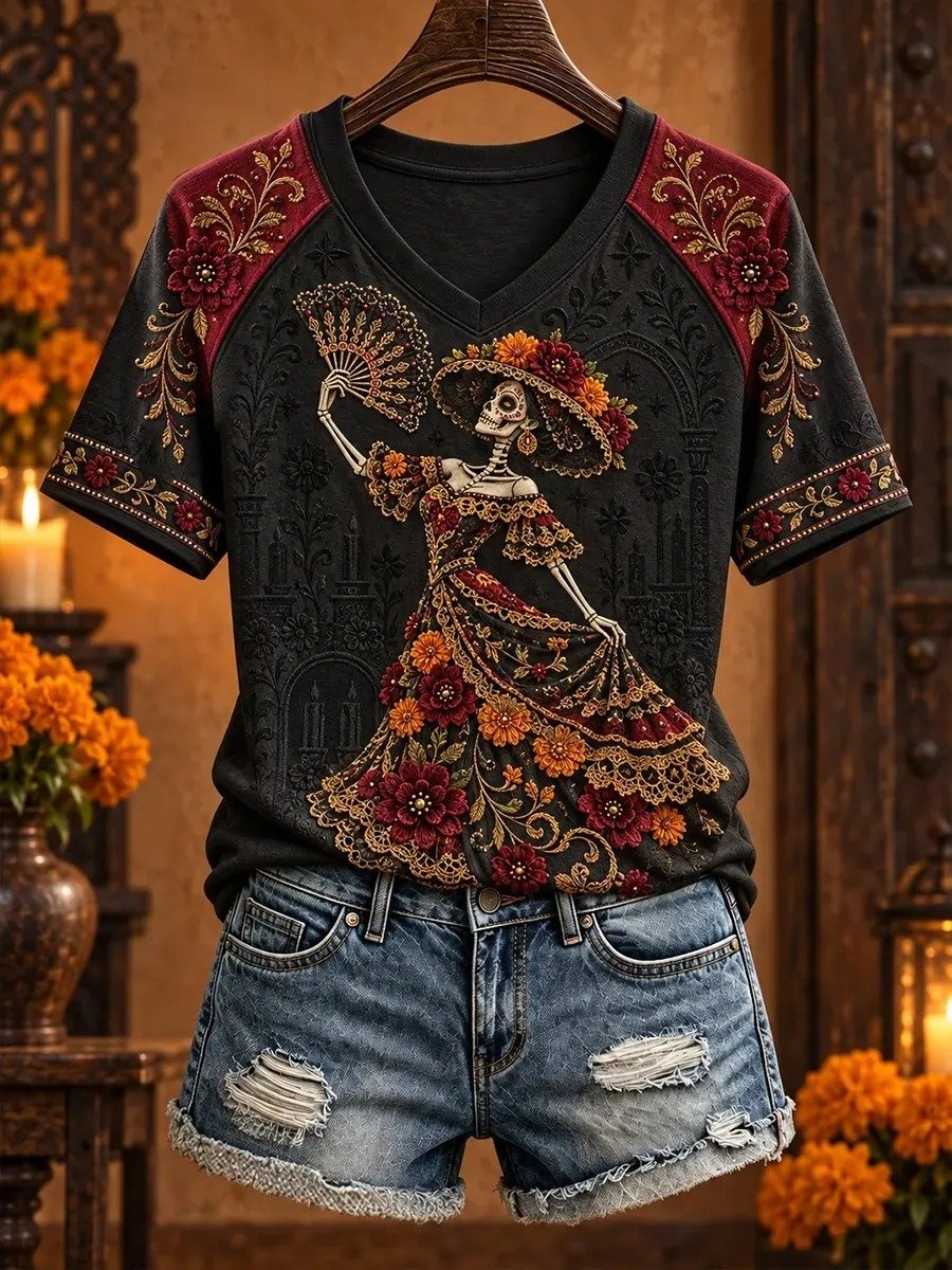 Day Of The Dead Dancing Skeleton Lady Holding V-Neck Shirt Mexican Holiday Outfits