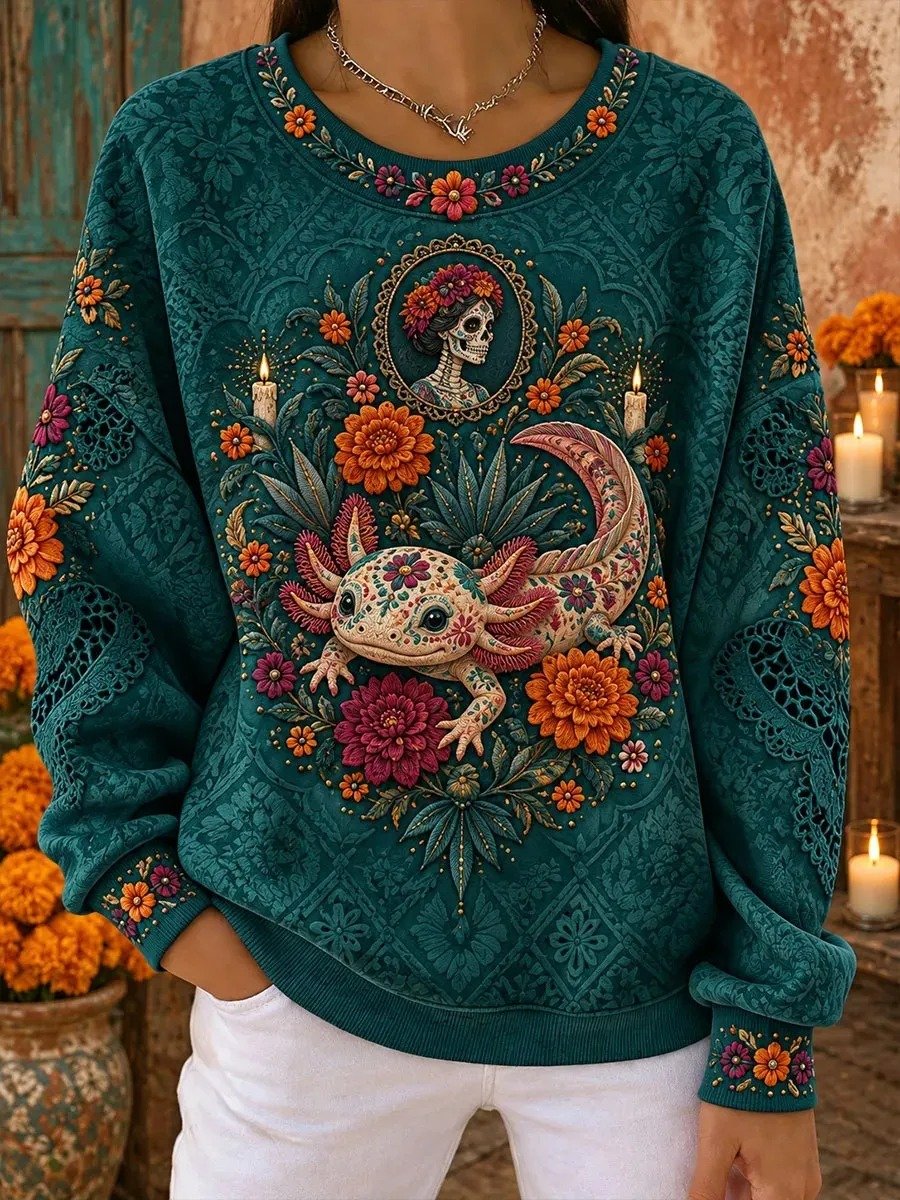Day Of The Dead Axolotl La Catrina Floral Marigold Sweatshirt Dia De Los Muertos Wear