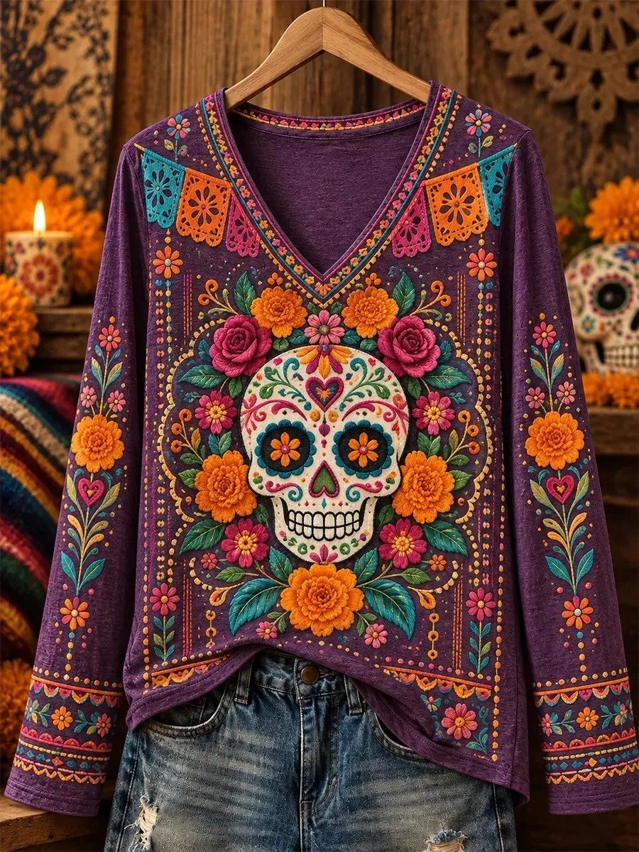 Day Of The Dead Full Bloom Roses Sugar Skull V-Neck Long Sleeve Shirt Floral Skull Gear
