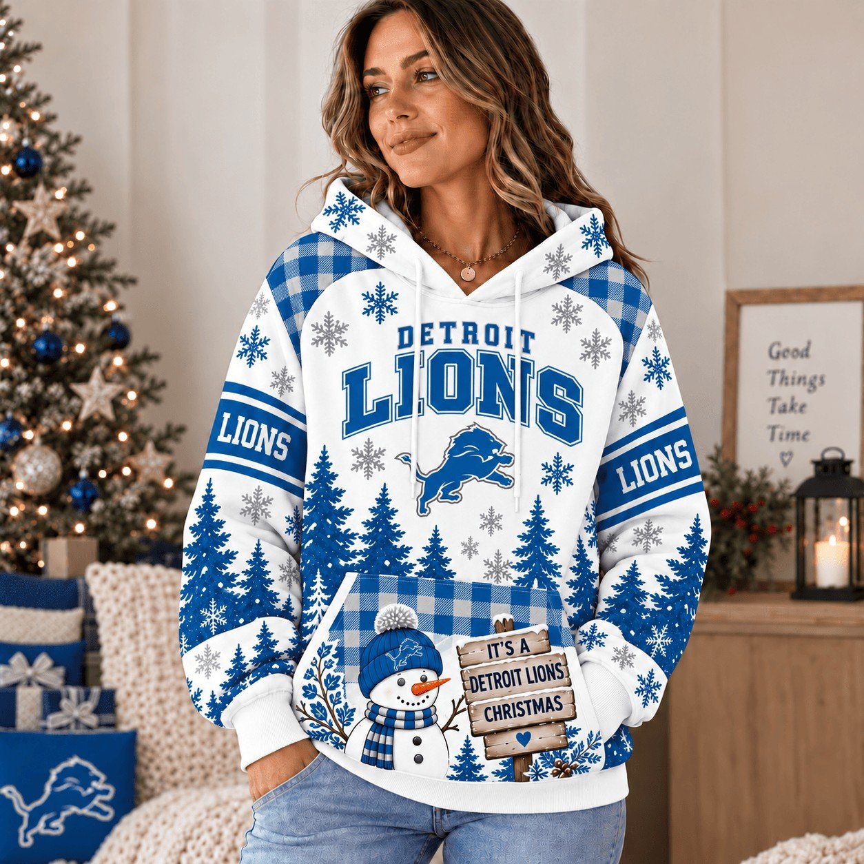 Detroit Lions Christmas Snowy Forest Hoodie Lions Pride Attire Sportswear Gift