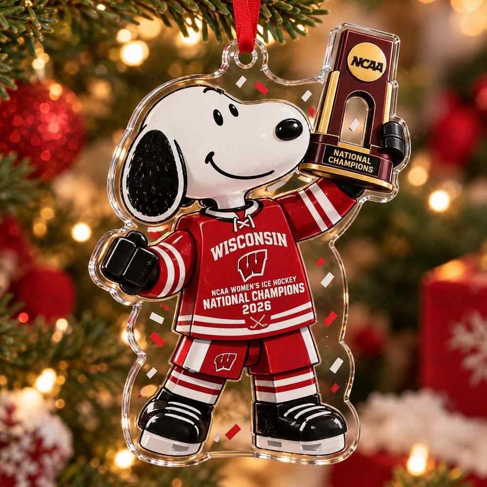 Wisconsin Badgers Hockey National Champions Snoopy Trophy Christmas Acrylic Ornament Gifts