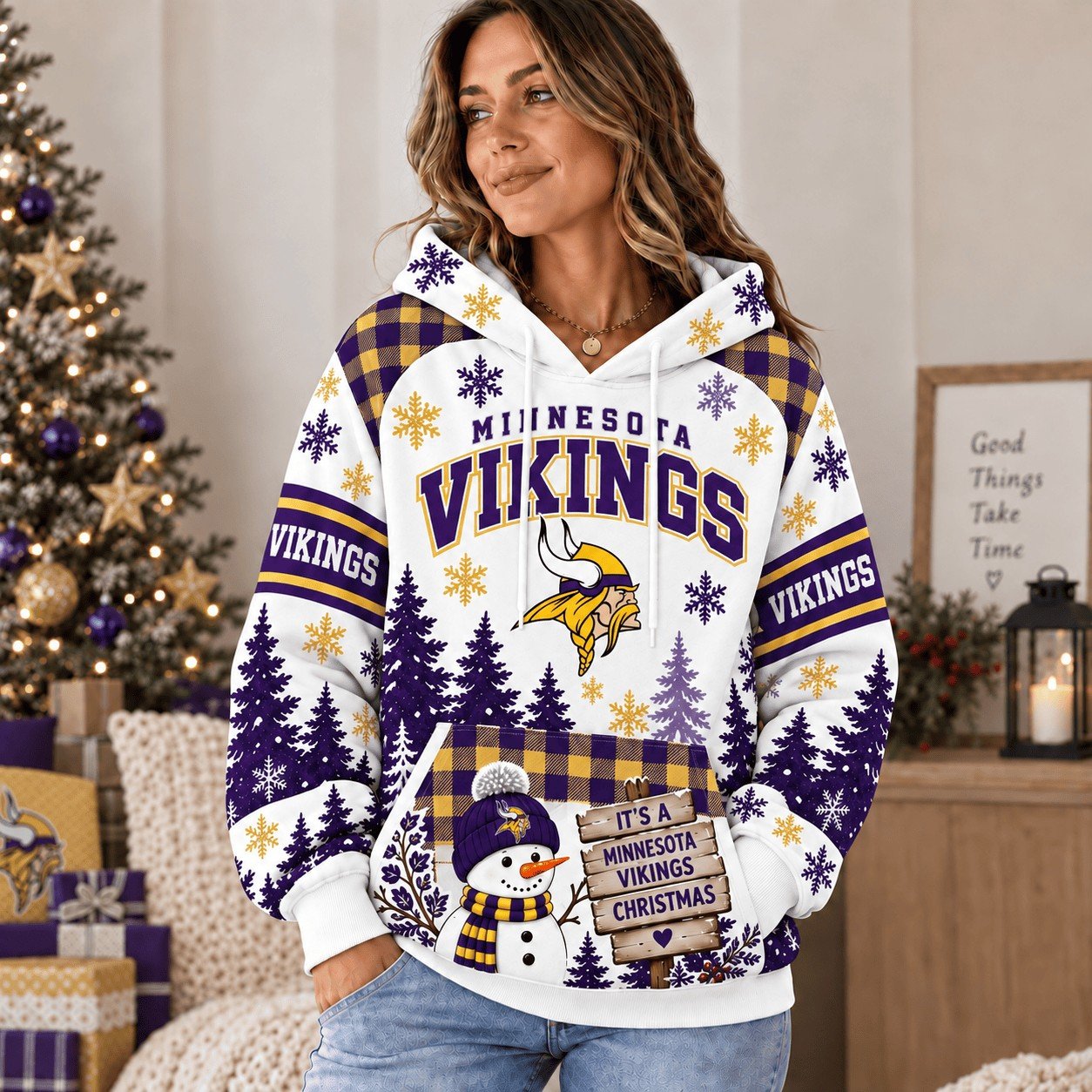 Minnesota Vikings Christmas Snowy Forest Hoodie Vikings Game Gear Xmas Sport Gifts