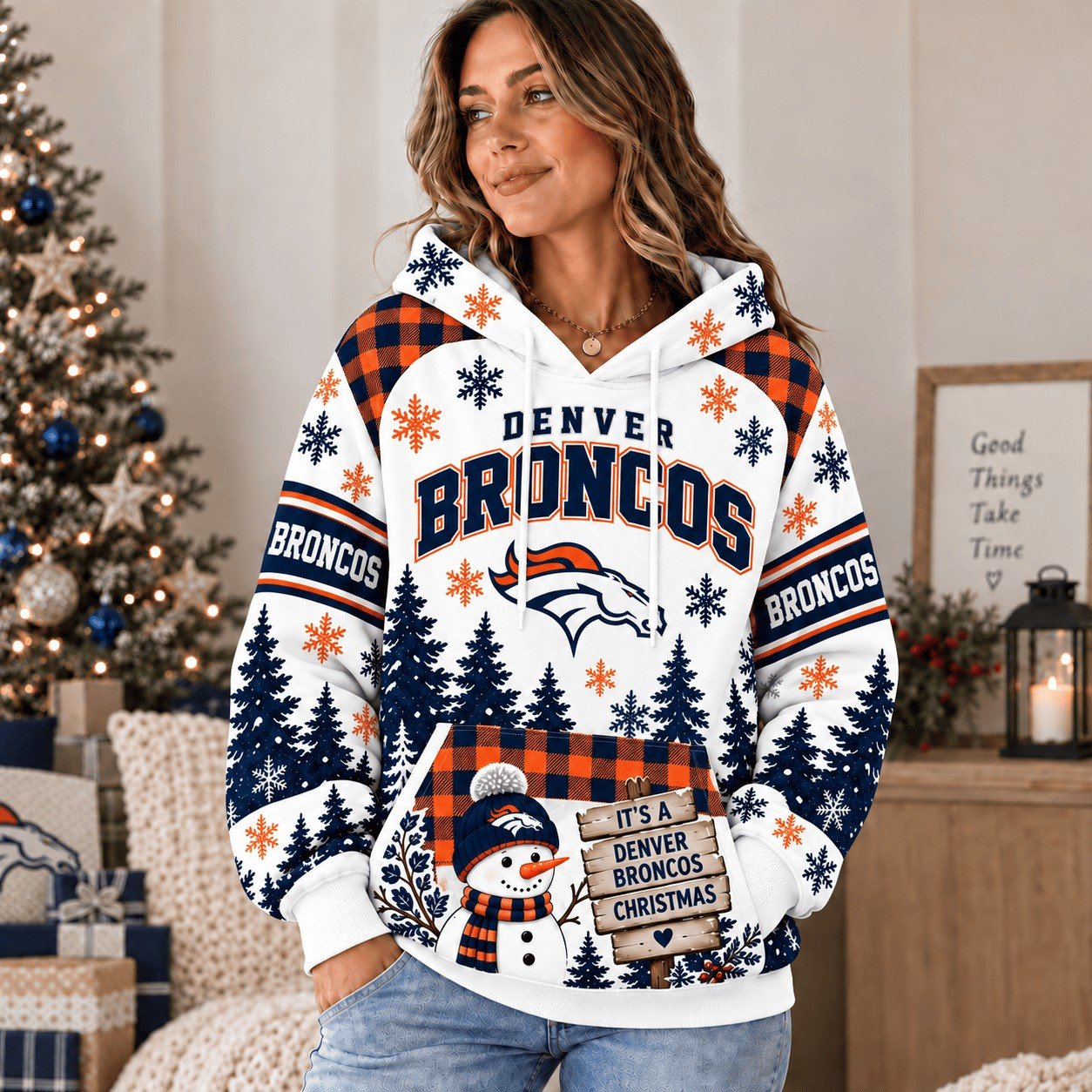 Denver Broncos Christmas Snowy Forest Hoodie Broncos Game Apparel Holiday Gifts