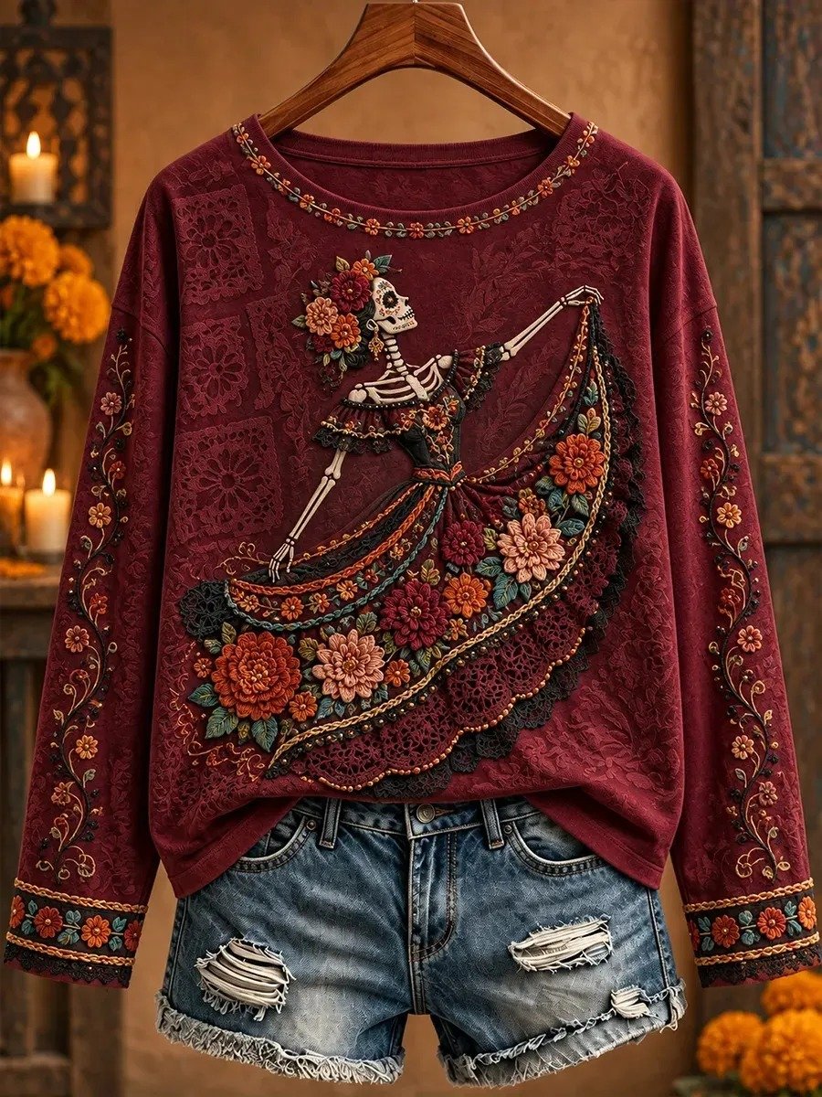 Day Of The Dead Dancing Female Skeleton Long Sleeve Shirt Dia De Muertos Clothes