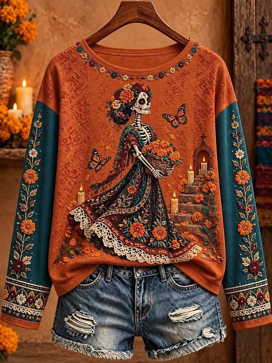 Day Of The Dead Skeleton Lady Holding Long Sleeve Shirt Sugar Skull Artwork Outfits