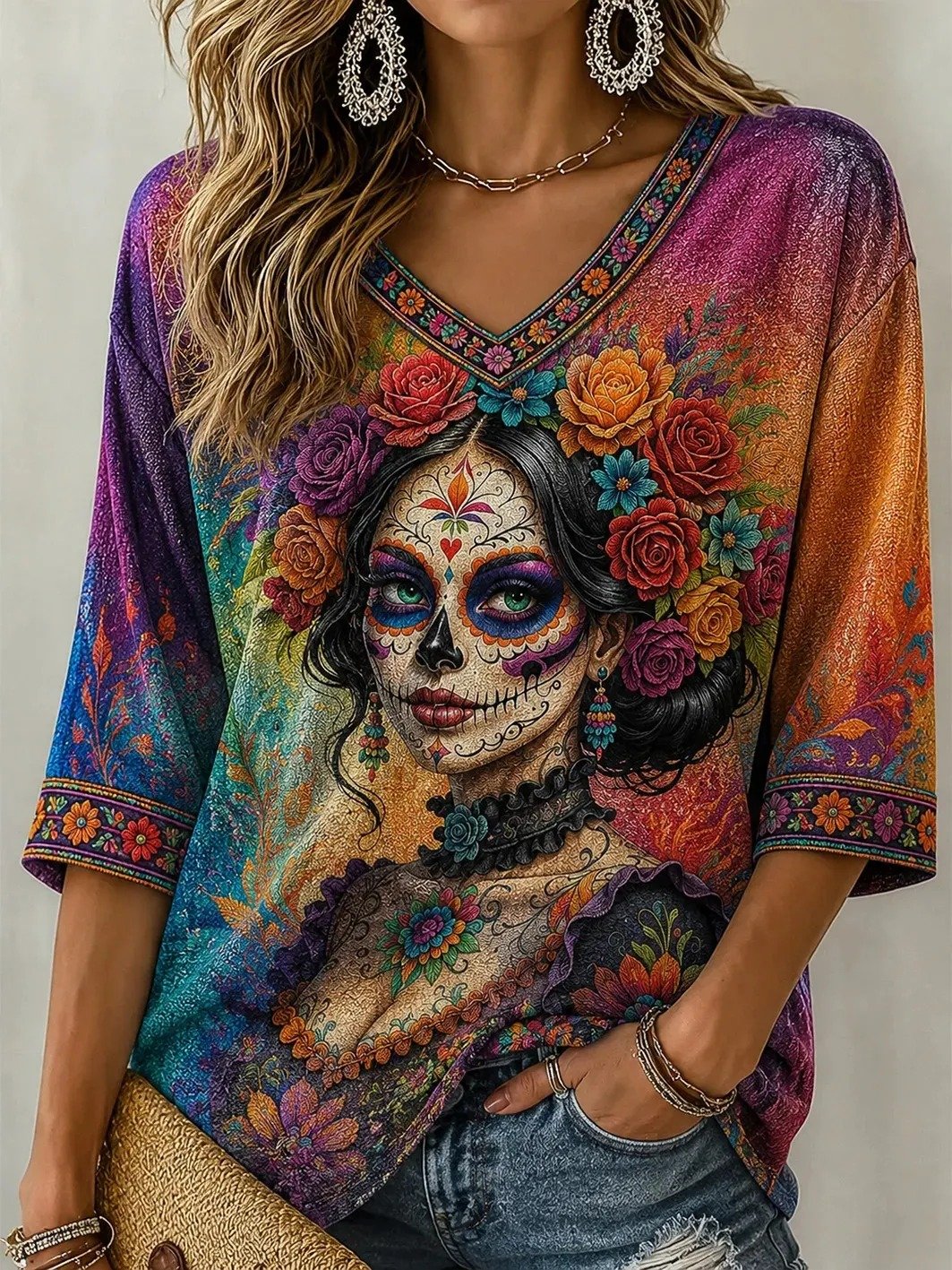 Day Of The Dead Rose Wreath Lady Gradient V-Neck Raglan Shirt Mexican Holiday Outfits