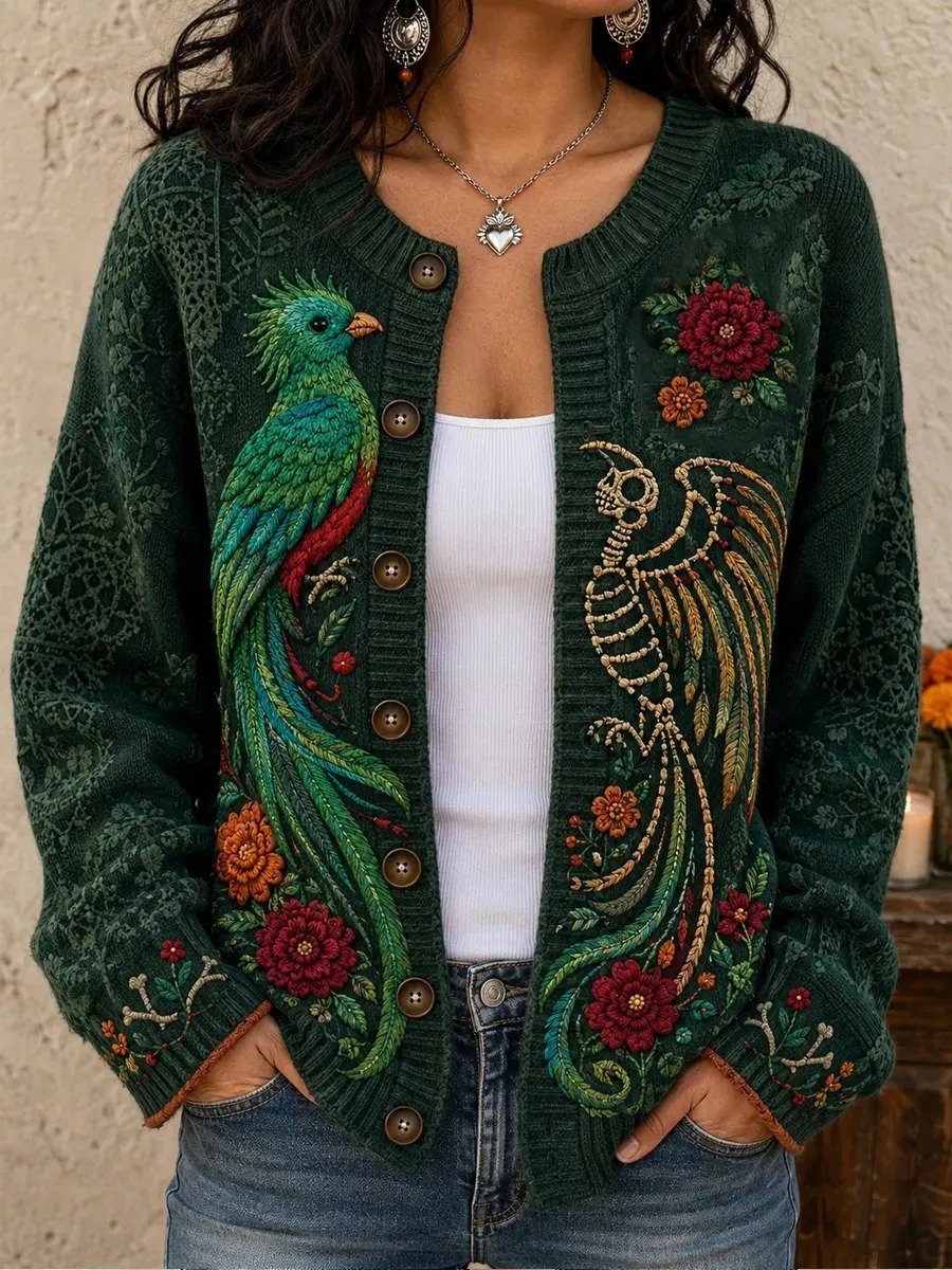 Day Of The Dead Skeleton Bird Rich Floral Compositions Cardigan Dia De Muertos Shirt