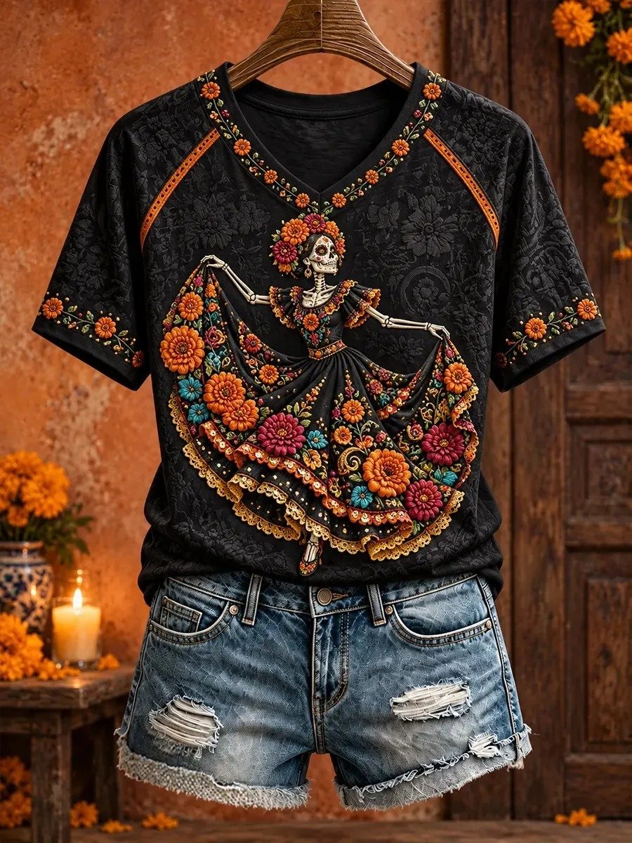Day Of The Dead Theme Dancing Skeleton Marigold V-Neck Shirt Dia De Los Muertos Tee