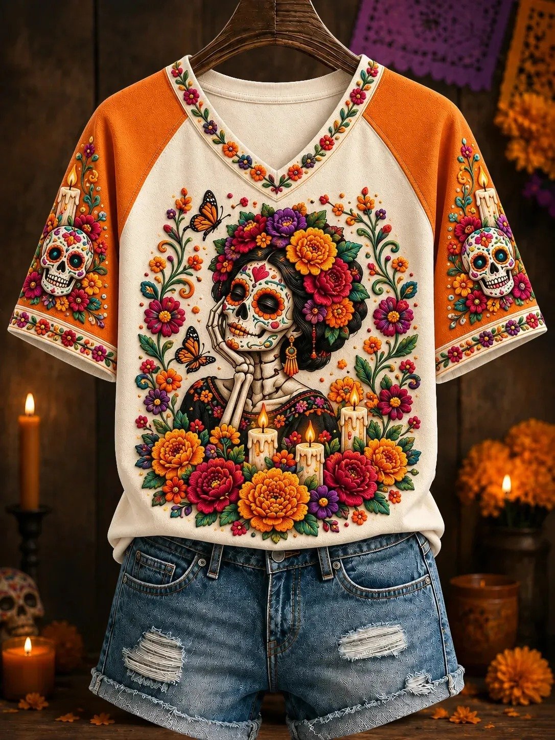 Day Of The Dead Thinking Skeleton And Marigold Flower V-Neck Shirt Mexican Holiday Tee